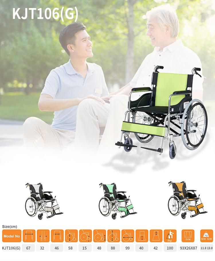 Folding Aluminum Manual Wheelchair for Disable and Old Man Foshan Fixed Armrest and Footrest Nylon Cushion Aluminum Wheelchair