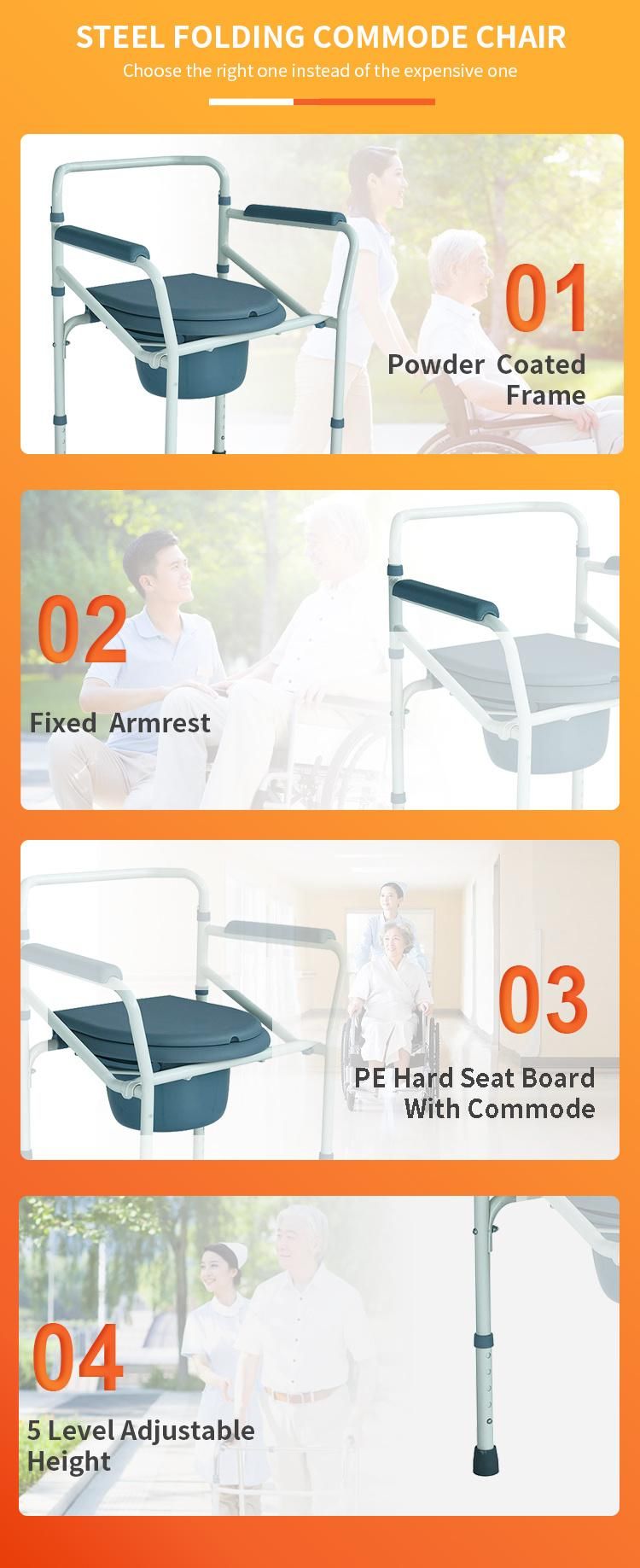 Hot Selling Portable Easy Carry Powder Coating Steel Commode Chair Without Wheel 5 Levels Adjustable Height Chair PE Hard Seat Cushion Medical Equipment