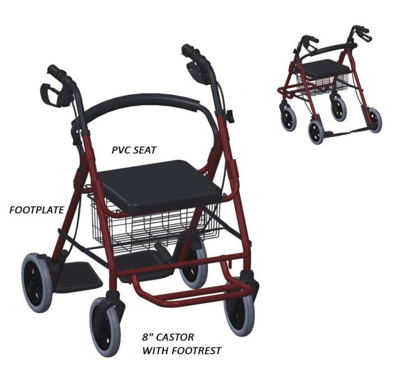Lightweight Aluminium Rollator Walker with Folding Footrest for Elderly