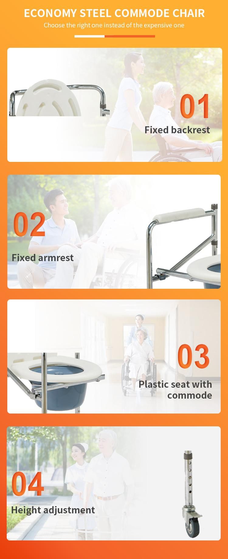 Folding Toilet Chair for Disabled Commode Chair with Bucket Foldable Height Adjustable Chrome Frame Plastic Steel with Wheel Castor