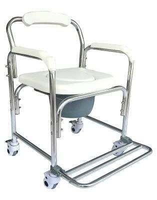 Aluminum Alloy Commode Chair with Wheels Toilet Weelchair with Bucket Folding Footrest Detached Aluminum Commode Wheelchair
