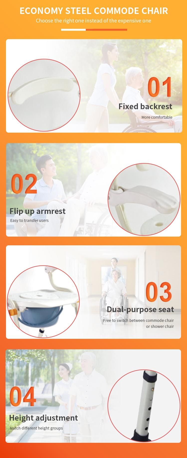 Easy Carry Folding Stand up Shower Commode Chair Adjustable Height Chair Hot Selling Non-Slip Foot Pad Steel Shower Commode Toilet Seat Medical Equipment