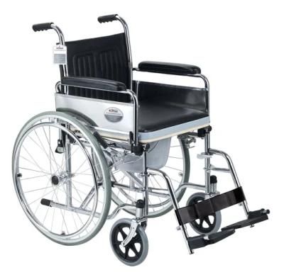 Manual Hot-Sale Folding Steel Commode Chair Wheelchair Flip up Armrest and Detached Footrest Manual Steel Commode Wheelchair