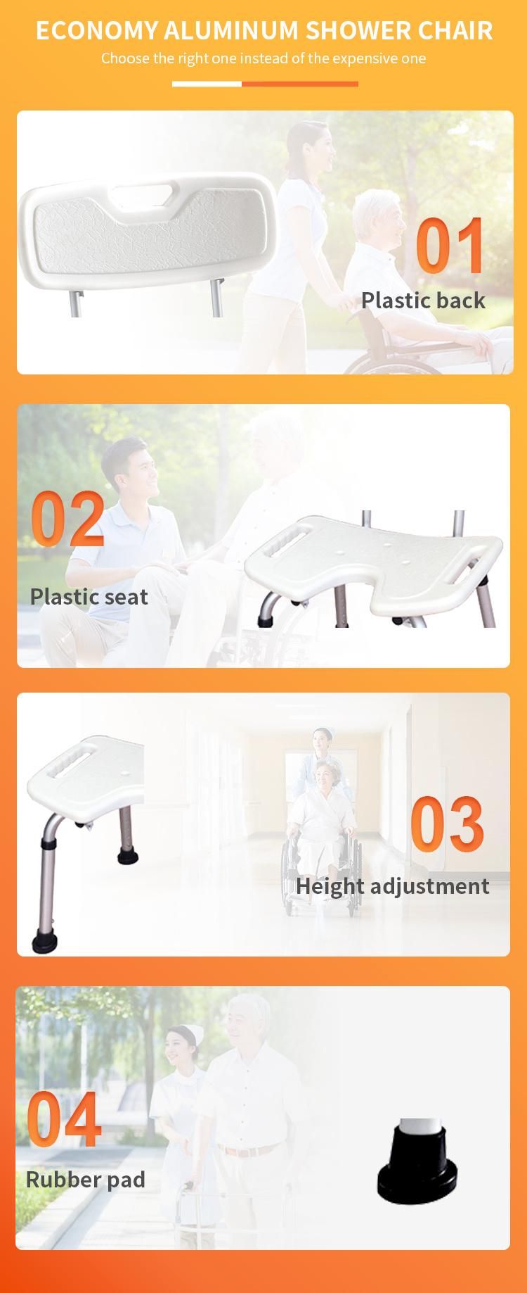 Aluminum Lightweight Adjustable Height Shower Chair U Shape Seat Board with Backrest Bath Bench for Elder Weight Capacity 100kgs