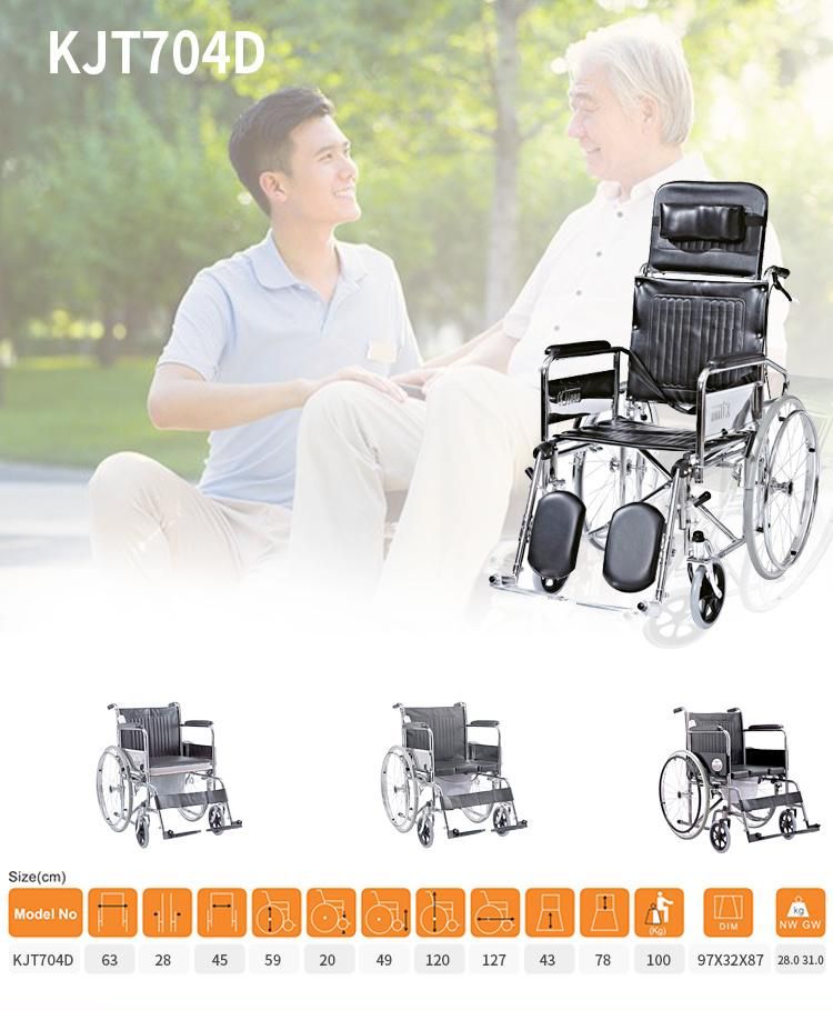 Detachable Armrest and Elevating Footrest Manual Wheelchair Without Commode Weight Capacity 100kgs Wheel Chair Chrome Cover Frame Have CE FDA ISO13485