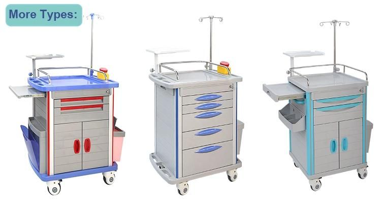 OEM in Promotion ABS Medical Emergency Ambulance Nursing Moving Hospital Crash Trolley Cart with Different Height Slot Drawers and CPR Board Cable Holder