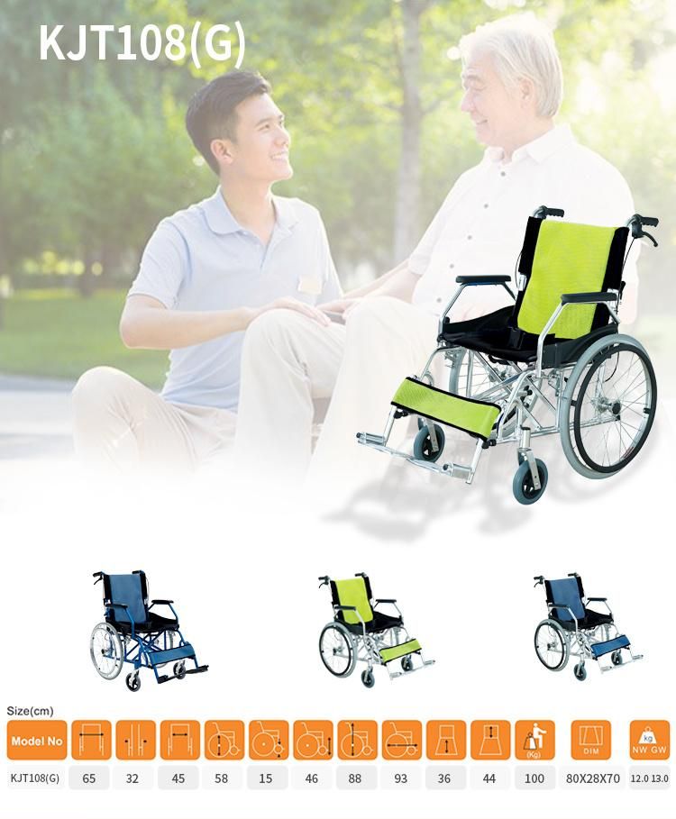 Aluminum Lightweight Easy Carry Transport Wheelchair Aluminum Footplate Double Cross Bar with Hand Brake and Seat Belt Wheel Chair 20inch Rear Wheel