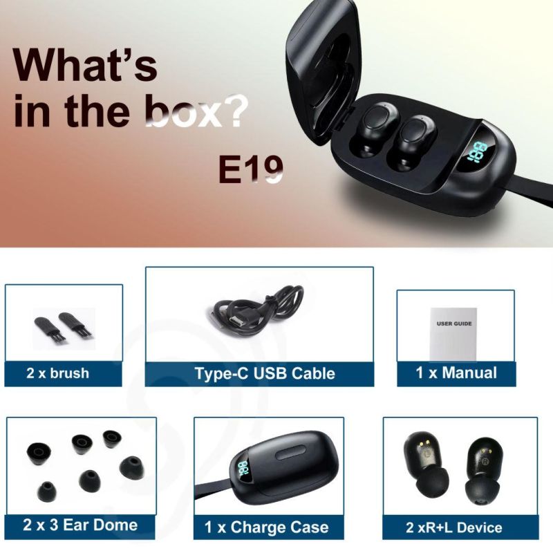 Factory Price Mini in Ear Rechargeable Hearing Aids E19 for Seniors Hearing Loss on Sale Design as Bluetooth Earphone Analog Hearing Aid Voice Amplifier