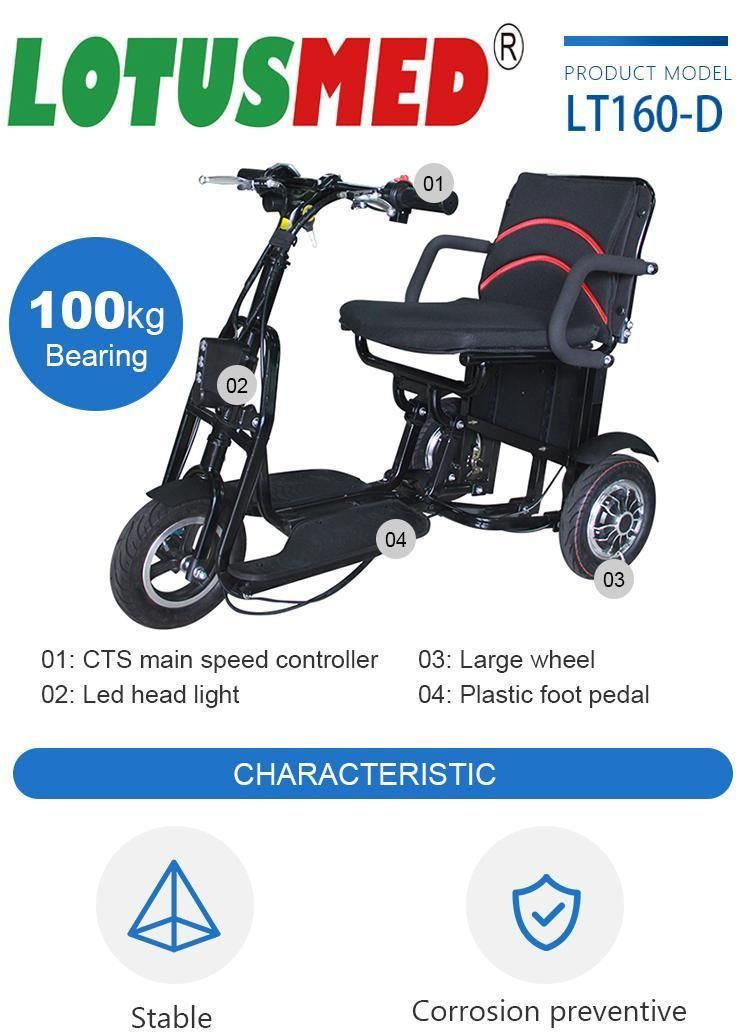 Lotus Lt160-D Disability Electric Handicap Three Wheel Scooter Foldable Elderly Heavy Duty Disable 3 Wheeled Mobility Scooterf Olding Electric Wheelchair
