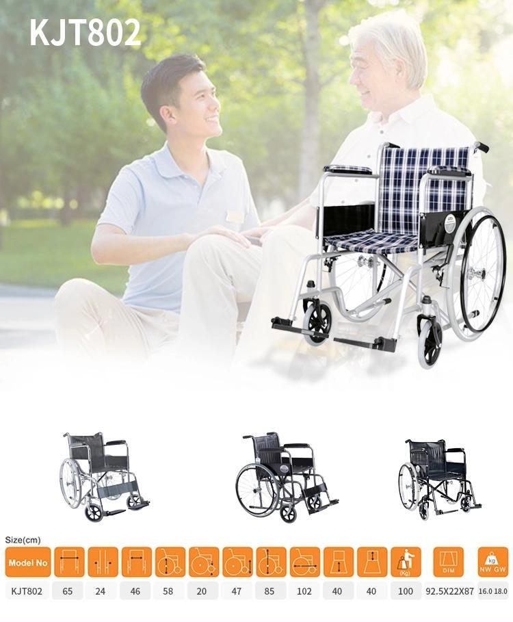 Fs809 Standard Manual Wheelchair Silver Powder Coated Frame Fix Armrest and Footrest 18inch Seat Width Steel Wheel Chair Weight Capacity 100kg Have CE FDA