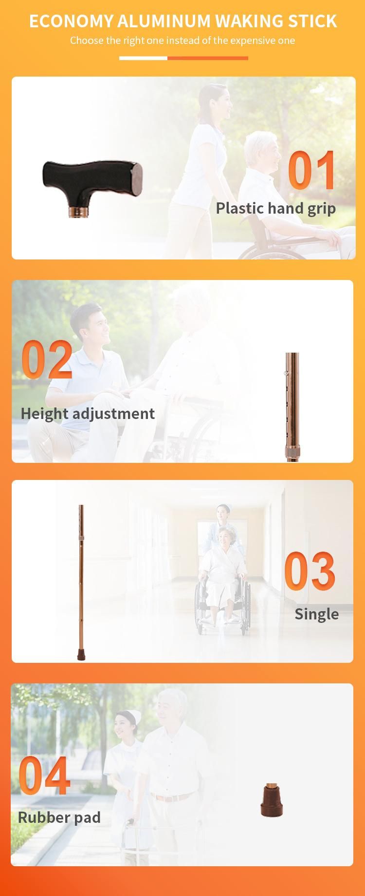 Hot Selling Non-Slip Grip Brown Color Easy Carry portable Aluminum Adjustable Height Folding Walking Stick Weight Only 0.3kgs Weight Capacity 100kgs Get CE