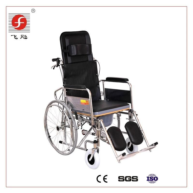 Reclining High Back Toilet Commode Manual Wheelchair with Elevating Legrest