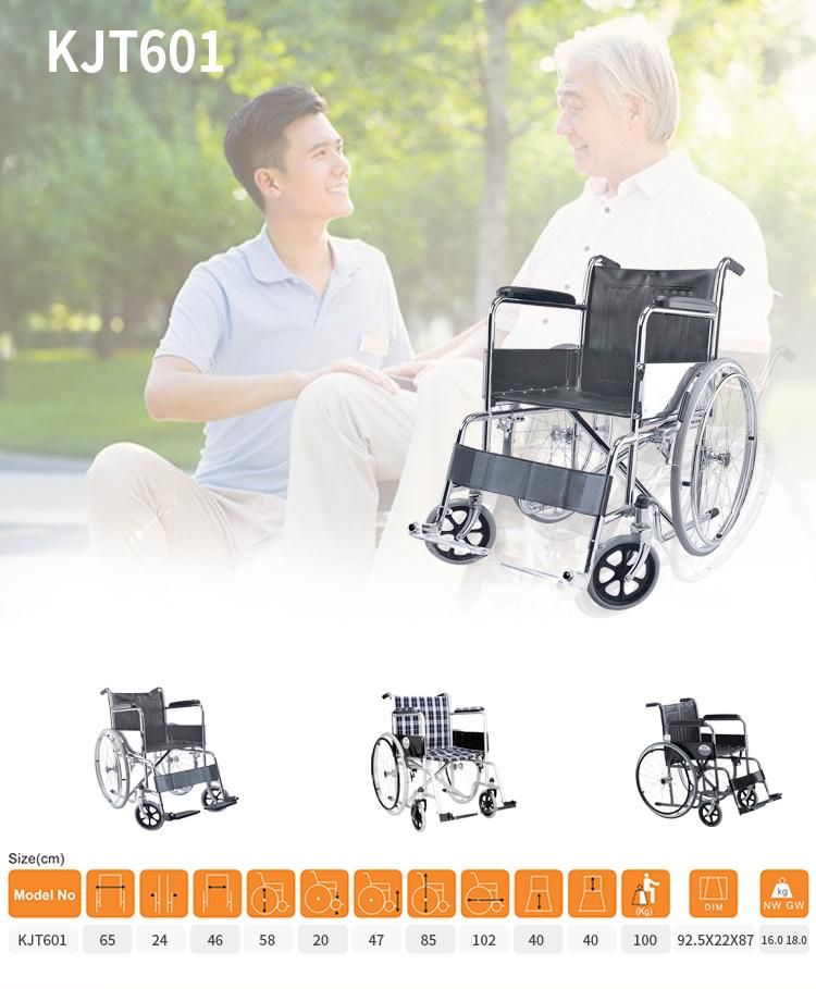 Fs809 Hot Selling Economy Steel Manual Wheelchair Foldable Wheel Chair Home Care Product with Wheel Hospital Home Care Rehabilitation Medical Equipment