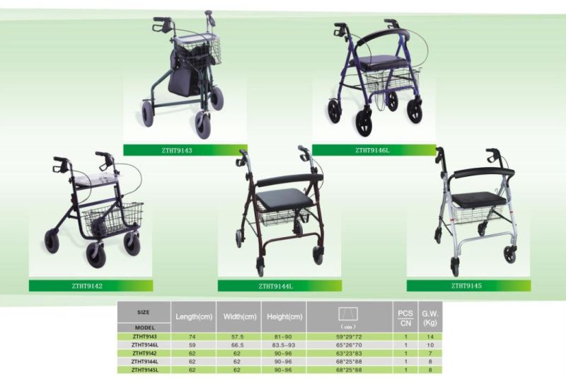Rehabilitation Medical Equipment Aluminum Light Weight Height Adjust Antiskid Rollator for Disabled/Elderly People Outdoor Folding Walker Frame