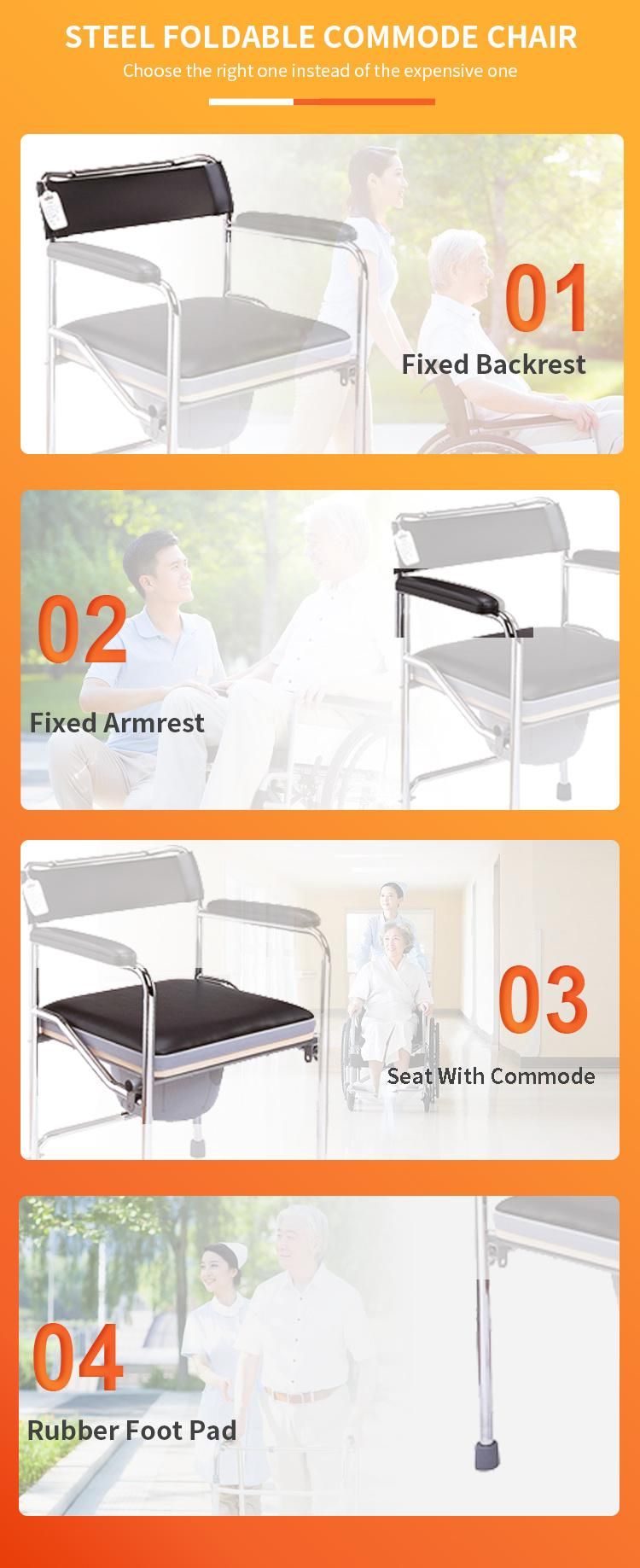 Foldable Steel Toilet Commode Chair with Bucket Folding Chrome Frame Fixed Armrest PVC Soft Cover Seat Cushion Medical Equipment