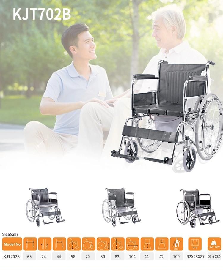 Chrome Cover Frame Base Wheelchair with Commode U Shape PVC Cushion Fix Armrest and Footrest Get CE FDA ISO13485 Wheel Chair Weight Capacity 100kgs