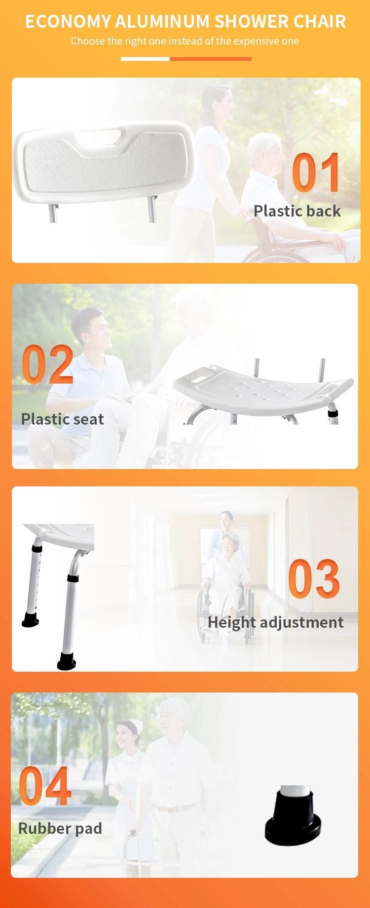 Aluminum Shower Chair with Backrest Adjustable Height Bath Chair Anti-Slip Foot Glue White Color PE Seat Board Rehabilitation Medical Equipment