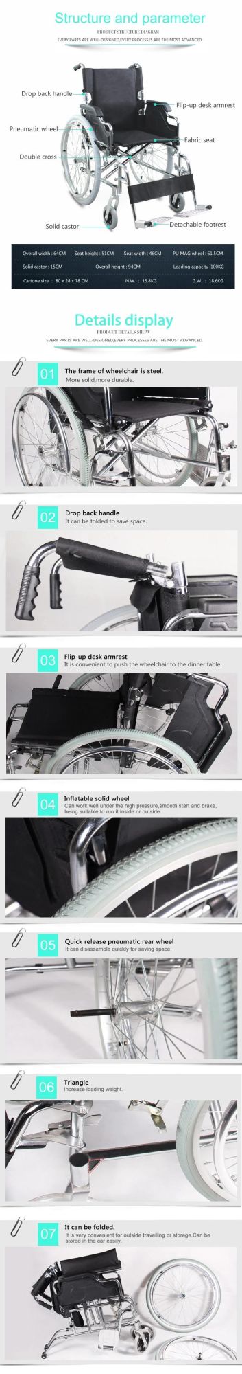 Medical Elder Equipment Manual Stainless Steel Wheelchair with Detachable Footrest