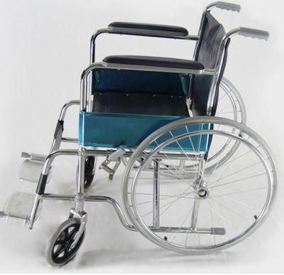 Chrome Coated Steel Foldable Wheelchair with Footplate for Elderly - Rehabilitation Supply