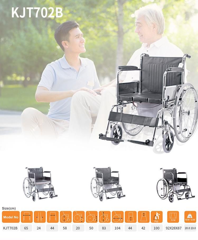 U Cut Shape PVC Cushion Steel Commode Wheelchair Manual Wheel Chair with Bucket Hospital Mobility Disabled People