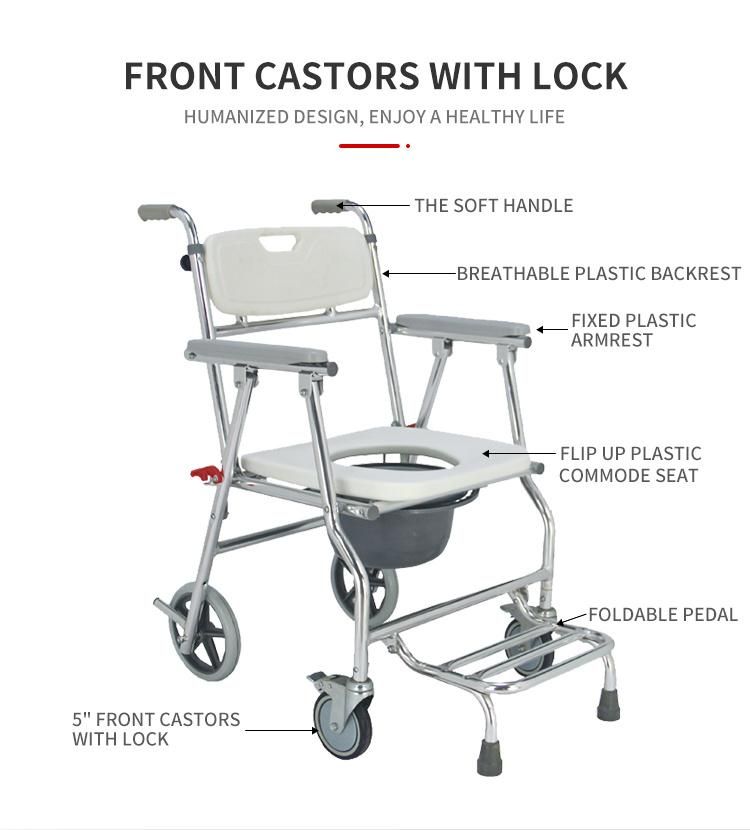 Aluminum Elderly Shower Chair Commode with Wheels Folding