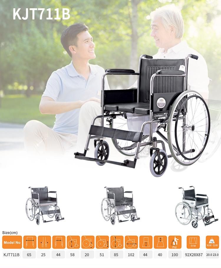 Basic Printed High Quality Manual Folding Steel Commode Chair with Wheels Commode Wheelchair with Bucket Manual Steel Wheelchair