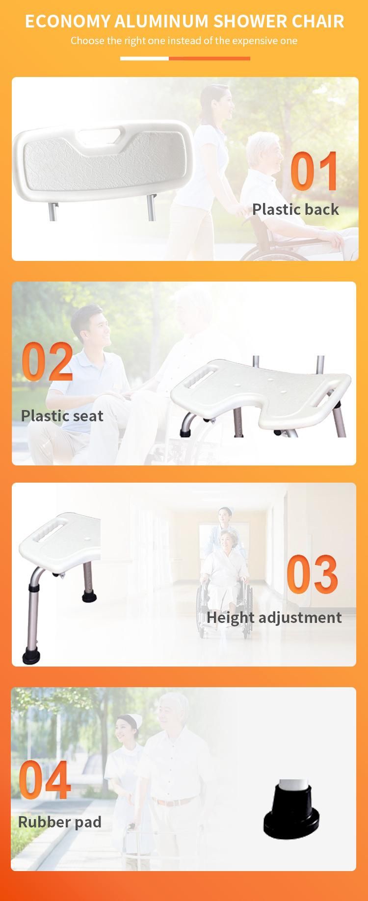 Antiskid Bath Chair Bench with Back for Elderly U Shape PE Seat Board Easy Clean Aluminum Shower Chair with Backrest Bathroom Product