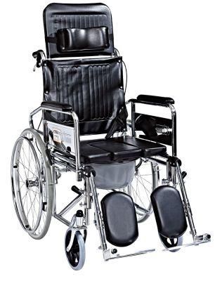 Reclining Wheelchair New Design Folding Commode Wheelchair with Bucket Outdoor for Patient Manual Steel Commode Wheelchair