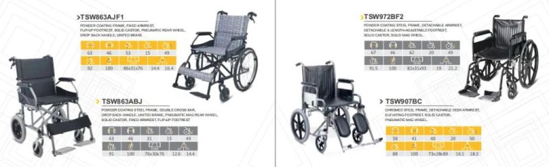 Medical Elder Equipment Manual Stainless Steel Wheelchair with Detachable Footrest