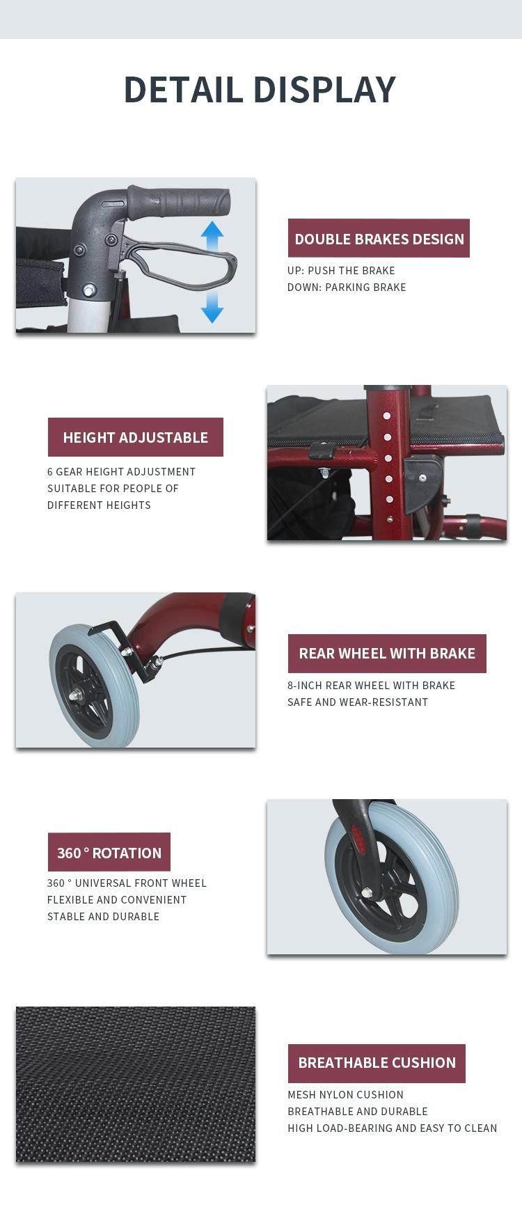 Adjustable European Folding 4 Wheels Aluminum Walking Mobility Aids Walker Rollator with Seat