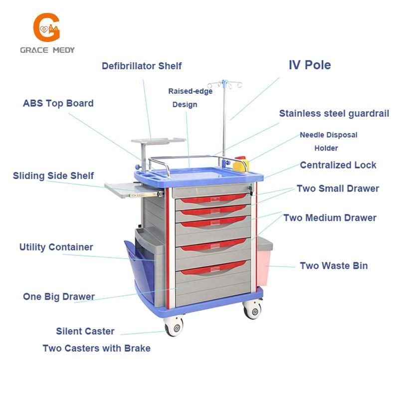 Hospital Mobile ABS Plastic Emergency Trolley Medical Resuscitation Cart 5 Drawers Foot Pedal Price