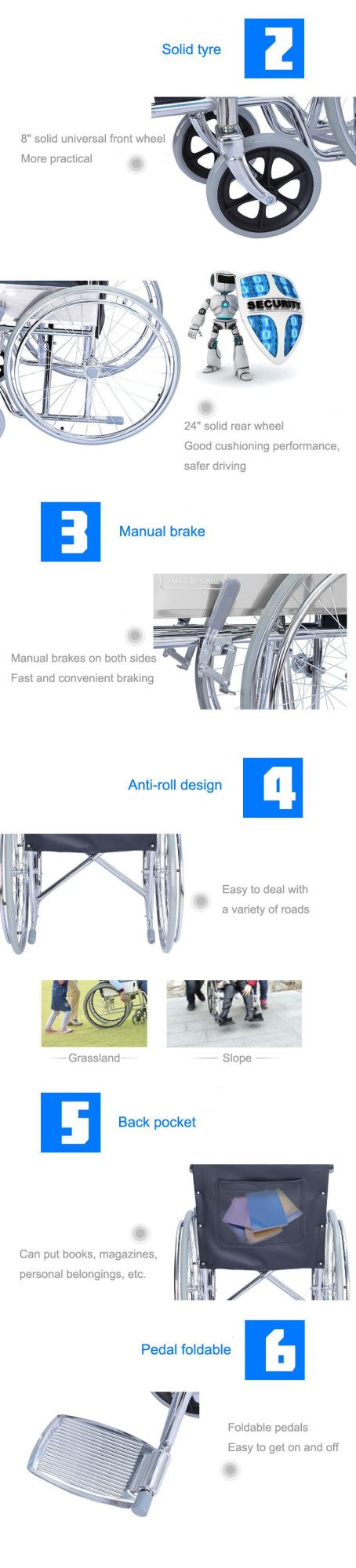 Steel Patient Manual FDA Foldable Hospital Transport Wheelchair