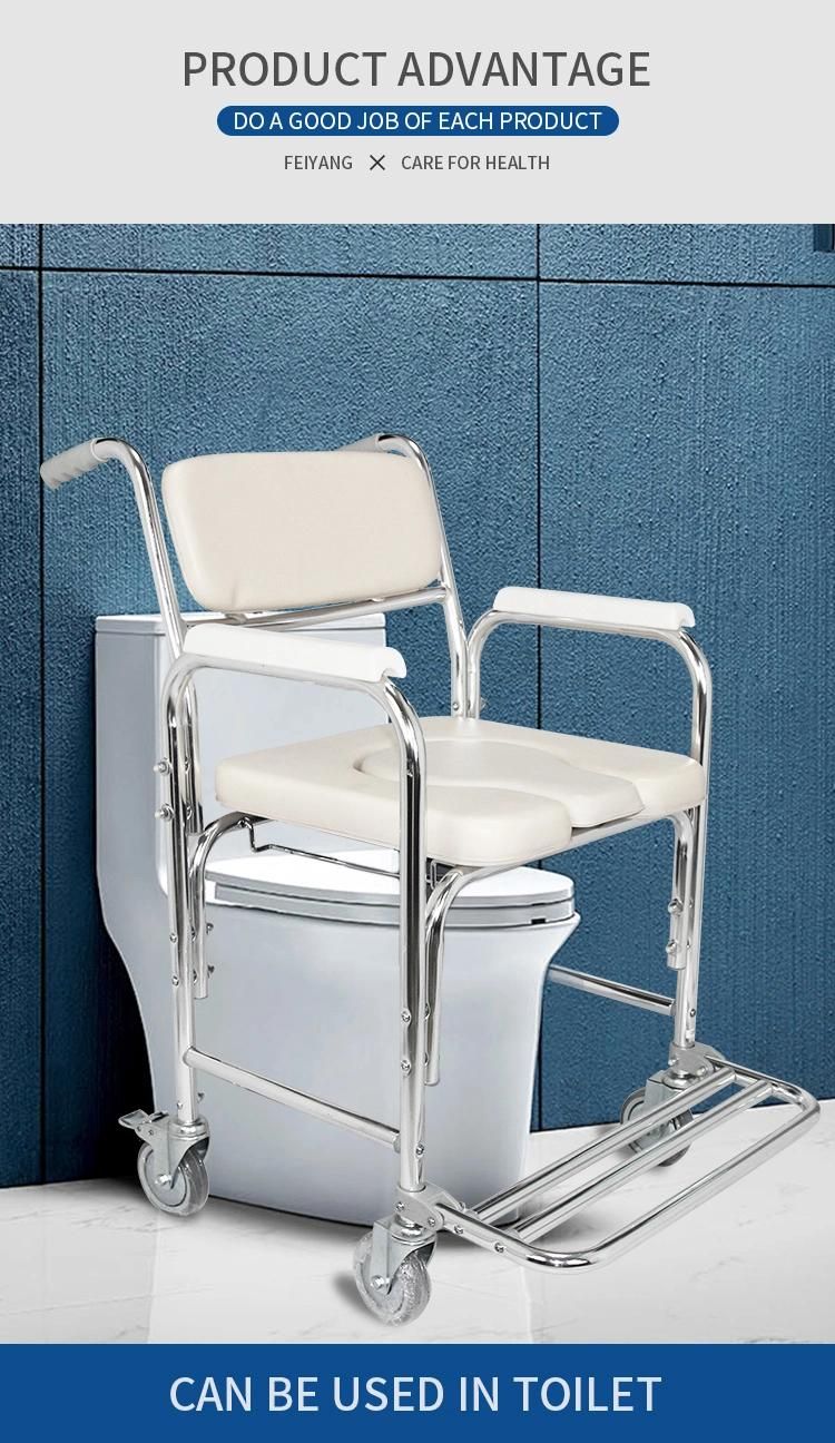 Aluminum Mobile Shower Commode Chair Bedside Bathroom Toilet Chair Wheelchair Commode