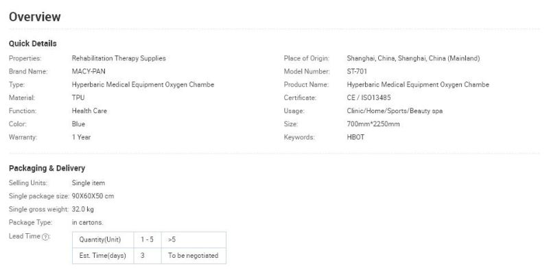 OEM Welcomed Portable Hyperbaric Chamber for Sale