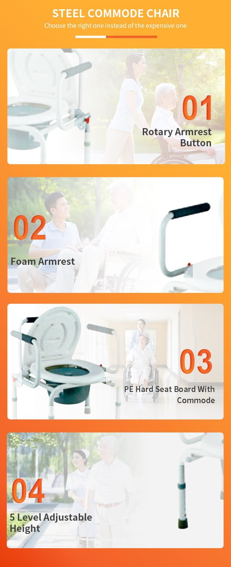 Printing with Fall Down Armrest High Quality Patient Height Adjustable Commode Toilet Chair Without Wheels Steel
