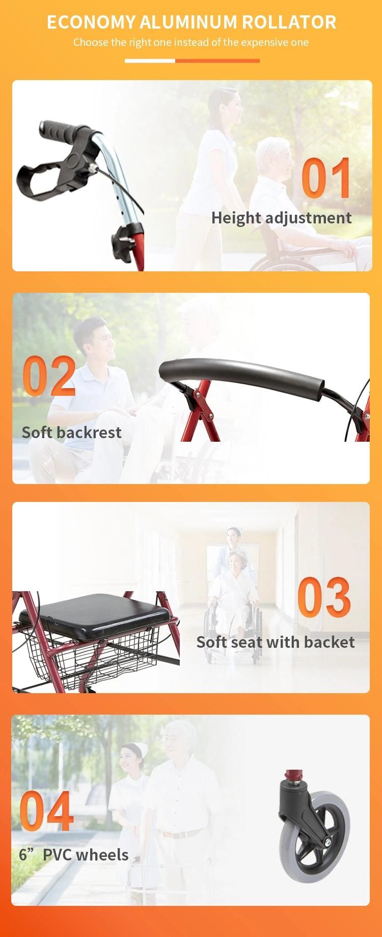 Aluminum Transport Rollator Easily Foldrd for Storage and Travel with 6inch 4 Wheels Padded PVC Soft Seat Get CE FDA ISO13485 Rehabilitation Medical Equipment