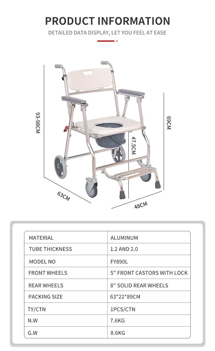 4 Wheels Bathroom Aluminum Potty Chair Commode with Locking Brake for Elderly and Disabled Adults