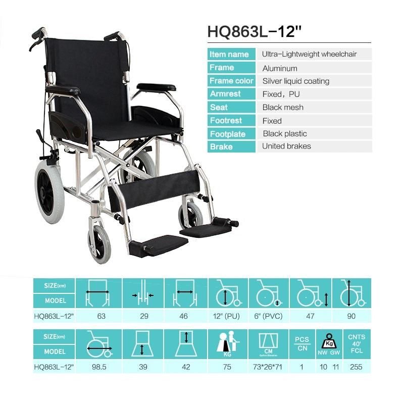 Hanqi Hq863L-12′′ High Quality Aluminum Manual Wheelchair for Disable or Senior Person