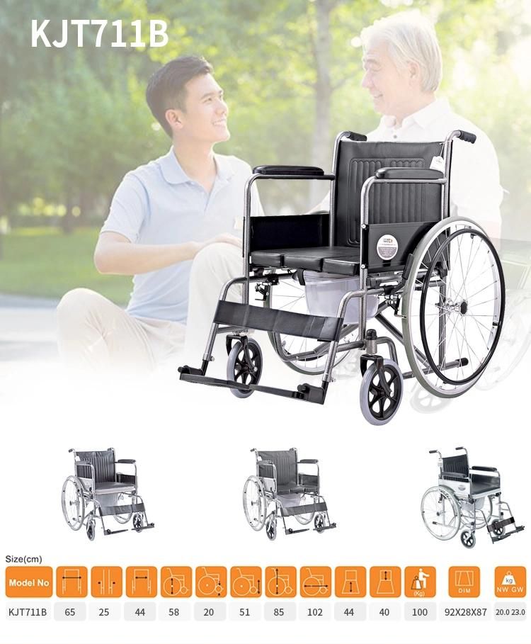 Easy Carry Weight Capacity 100kgs Wheelchair Can Fold Fix Armrest and Footrest Pained Frame Standard Chair with Commode Can Pull Into Toilet Wheel Chair