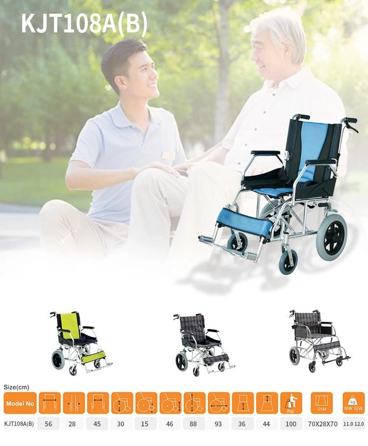 Blue Color Cushion New Design Easy Carry Adjustable Footrest Aluminum Wheelchair Double Cross Bar Lightweight Easy Fold Wheel Chair Get CE FDA