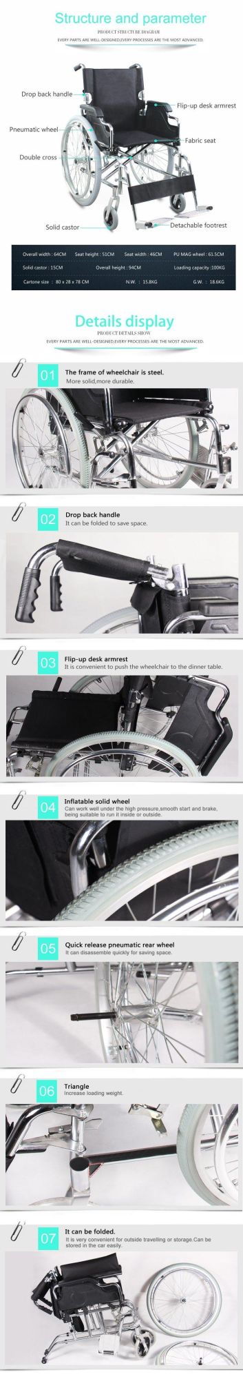 Hospital Lightweight Folding Chromed Steel Manual Transport Wheelchair