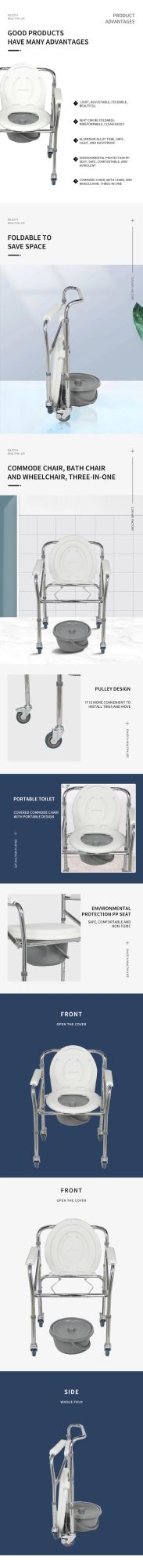 Folding Adjustable Mobile Toilet Bath Chair Commode with Wheels