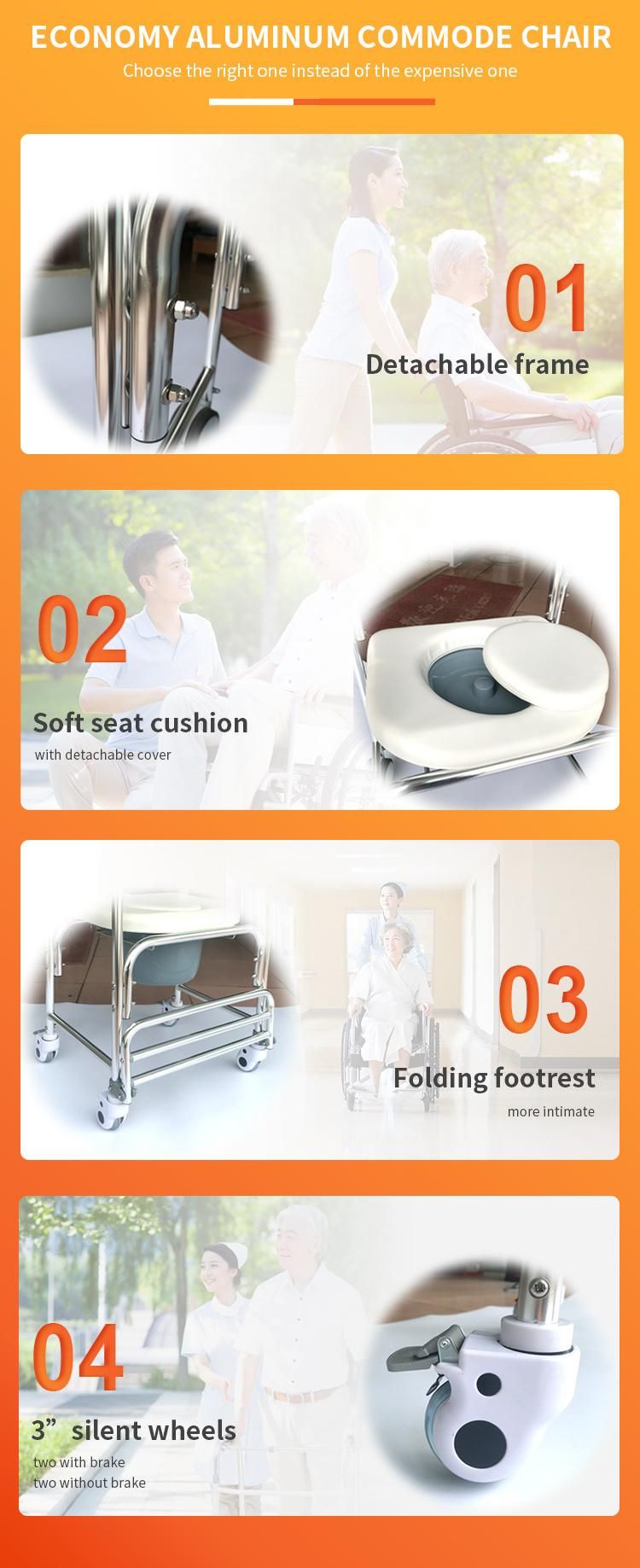 Light Silver Aluminum Frame Commode Chair with Wheels Detachable Footrest Adjustable Height Chair with Commode 4 Wheels with Brake Have Footrest