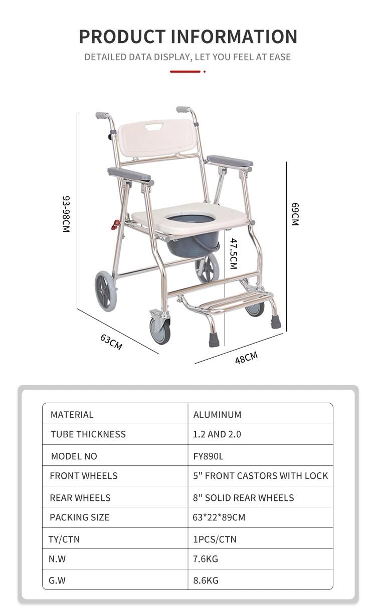 Height Adjustable Aluminum Folding Bathroom Shower Chair Commode with Wheels