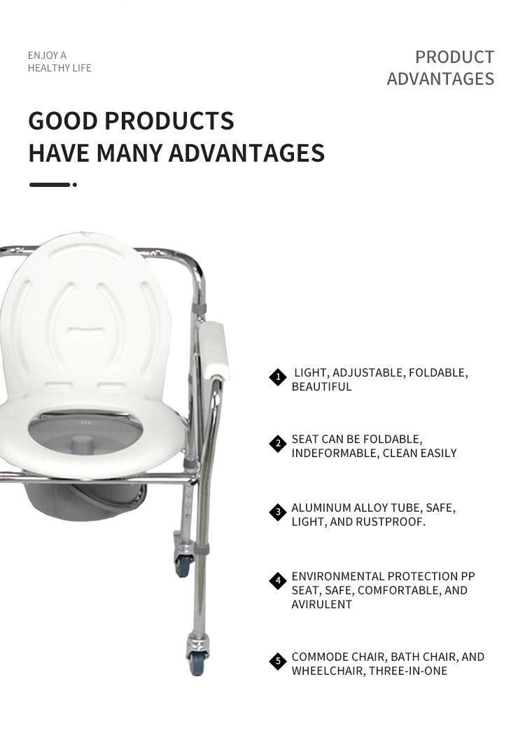 Steel Frame Foldable Height Adjustable Toilet Potty Chair Commode with Wheels