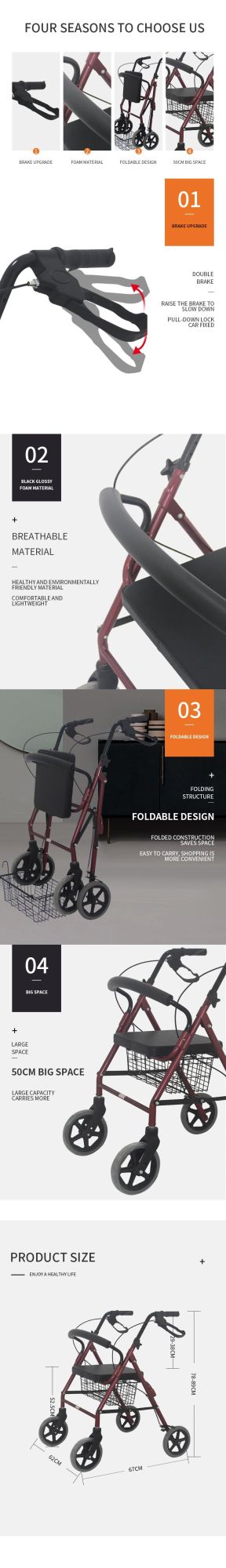 Portable Folding Outdoor Lightweight Aluminium Adults Elderly Walking Aids Frame Foldable Upright Walker Rollator with Seat