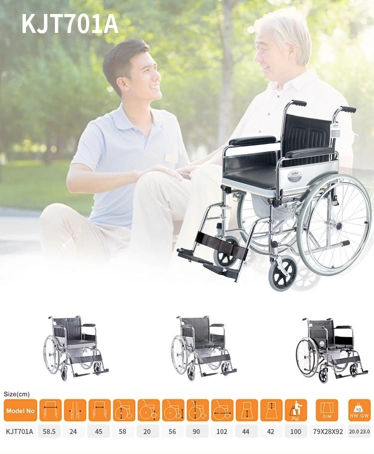 Manual Hot-Sale Folding Steel Commode Chair Wheelchair Flip up Armrest and Detached Footrest Manual Steel Commode Wheelchair