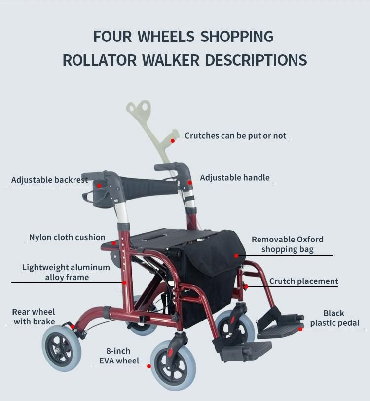 Adjustable European Folding 4 Wheels Aluminum Walking Mobility Aids Walker Rollator with Seat