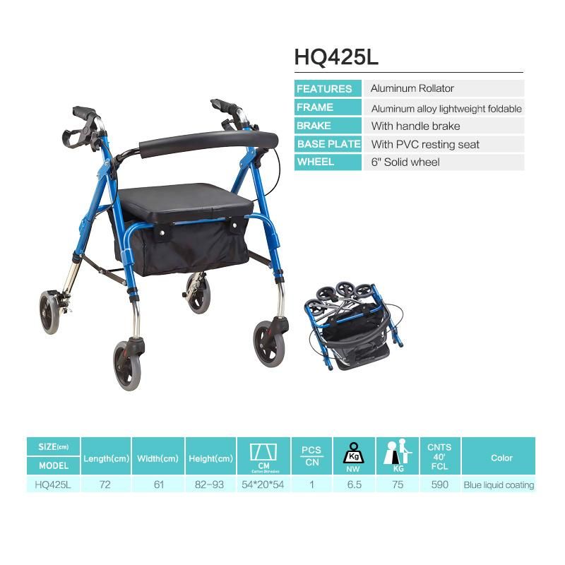 Hanqi Hq425L High Quality Foldable Rollator Shopping Cart for Patient