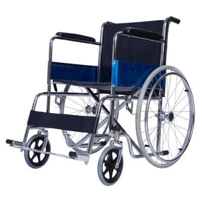 Hospital Furniture Manual Steel Folding Wheelchair with Chromed Frame with CE ISO